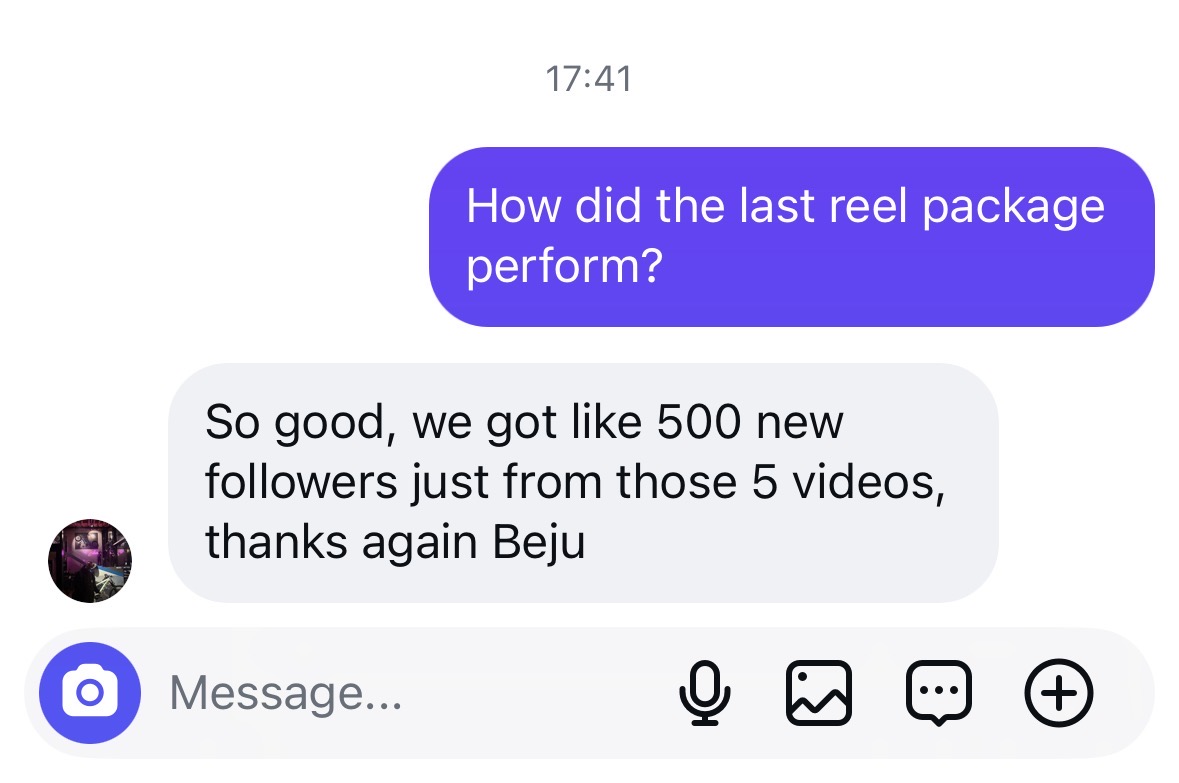 Client message about follower growth from reels