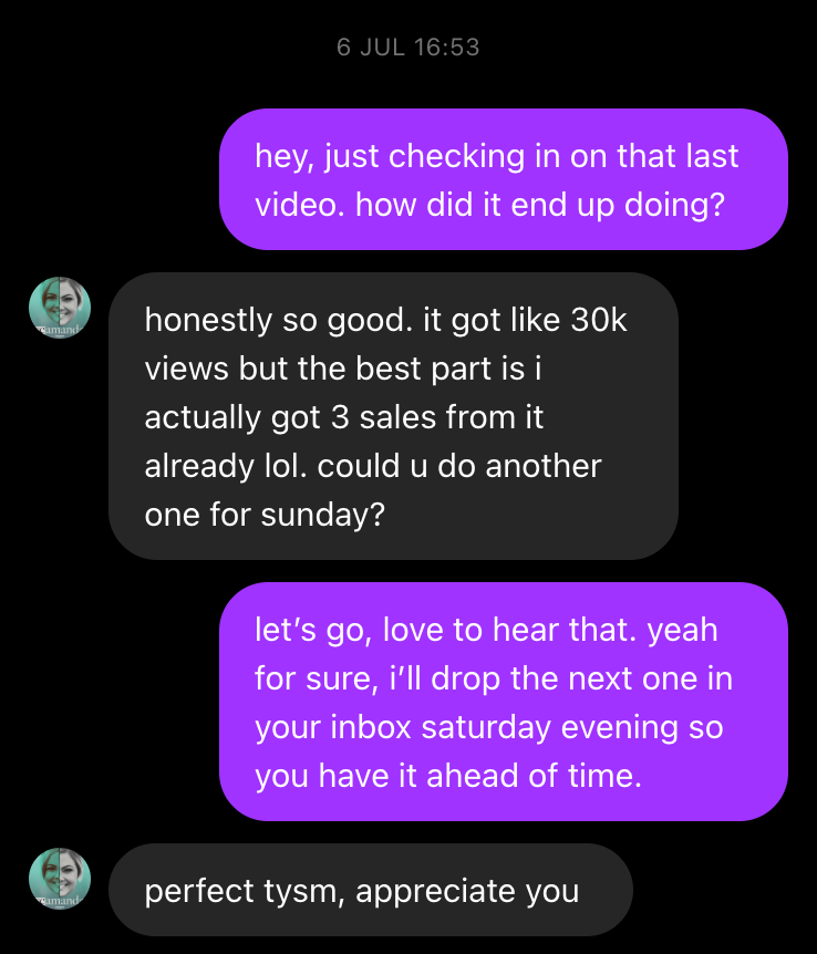 Client message about views and sales from a clip
